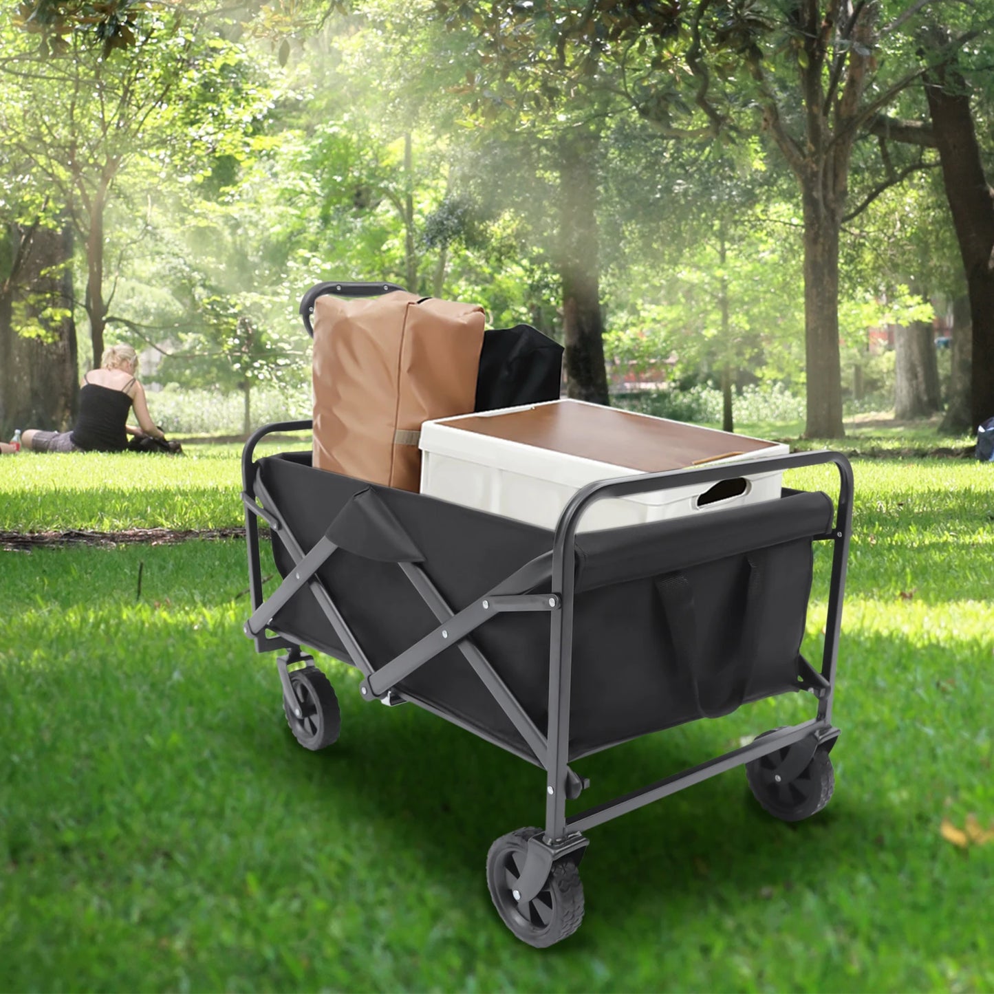 Wheel Folding Trolley, Adjustable Handle Black Utility Wagon,