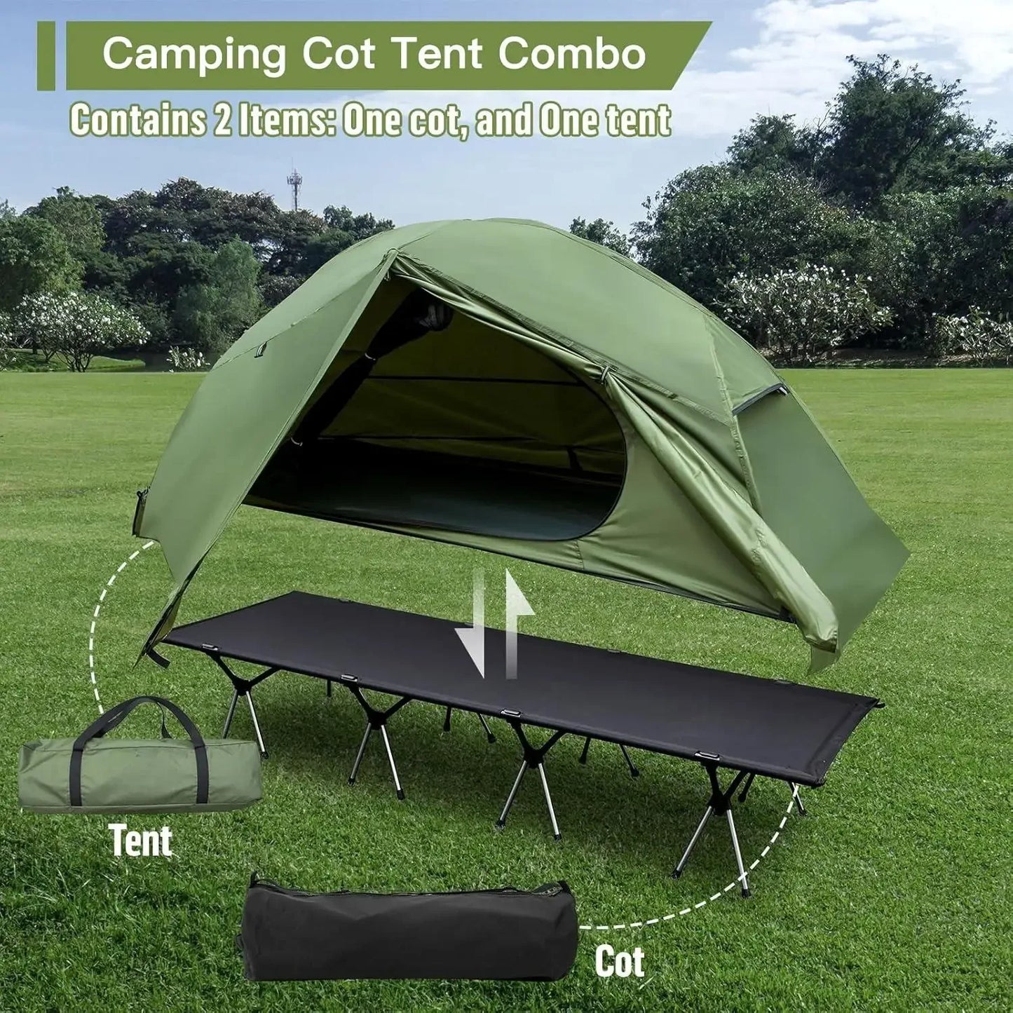 wCamping Cot Tent - Waterproof 1-Person Off-Ground Combo Cot Bed for Adults Portable Easy Set-up Tent