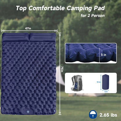 Aonhom Double Sleeping Pad, Inflatable Double Camping Mat with Foot Pump & Pillow for Backpacking, Hiking, Traveling, Tent