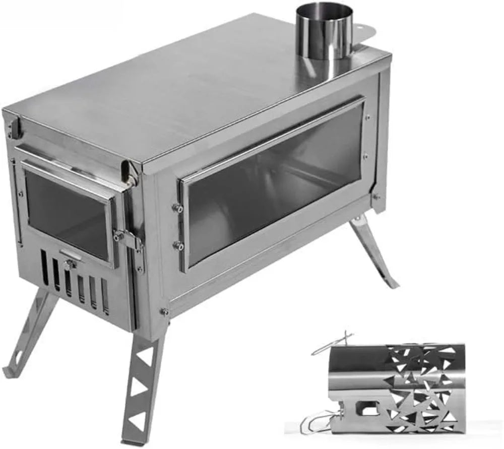 Portable Wood Burning Stove Tent Heater with Chimney Pipes, Folding Outdoor Camping Stove for Cooking BBQ Hunting Ice Fishing