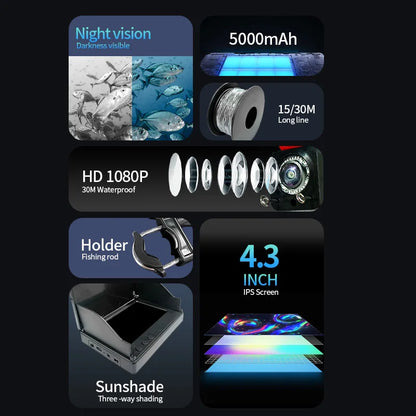 Portable Underwater Fishing Camera with 4.3" LCD Monitor Infrared Night Vision Waterproof Fish Finder for Ice Fishing