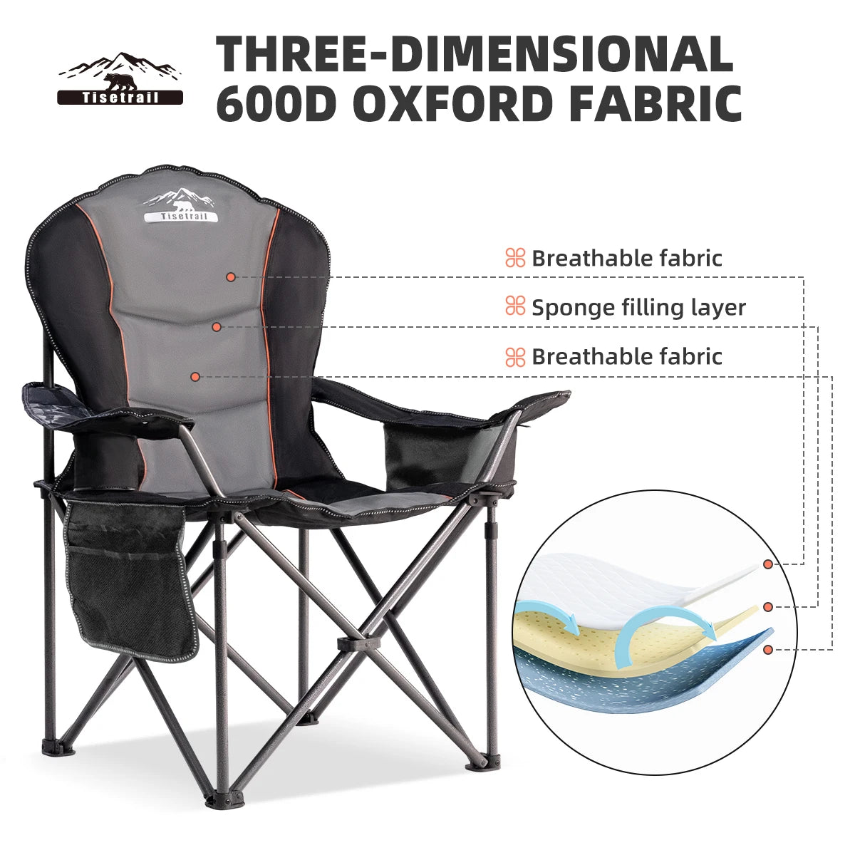 Tisetrail Oversized Camping Chair Folding Chair with Cooler Padded Outdoor Chairs Heavy Duty Support 500 LBS Black&Gray