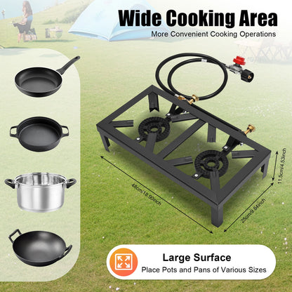 8000W Portable Double Burner Outdoor Gas Stove Propane Cooker with Adjustable 0-10Psi Regulator Hose for Patio Camping, BBQ