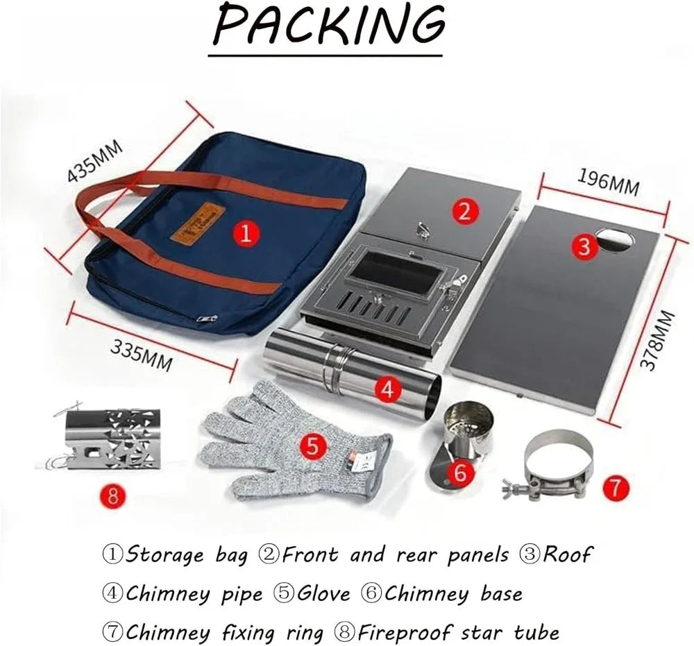Portable Wood Burning Stove Tent Heater with Chimney Pipes, Folding Outdoor Camping Stove for Cooking BBQ Hunting Ice Fishing