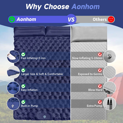 Aonhom Double Sleeping Pad, Inflatable Double Camping Mat with Foot Pump & Pillow for Backpacking, Hiking, Traveling, Tent